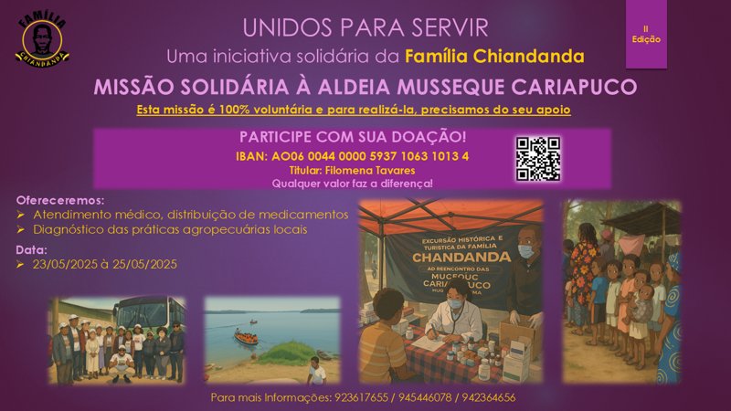 Flyer da Missão Solidária à Aldeia Musseque Cariapuco